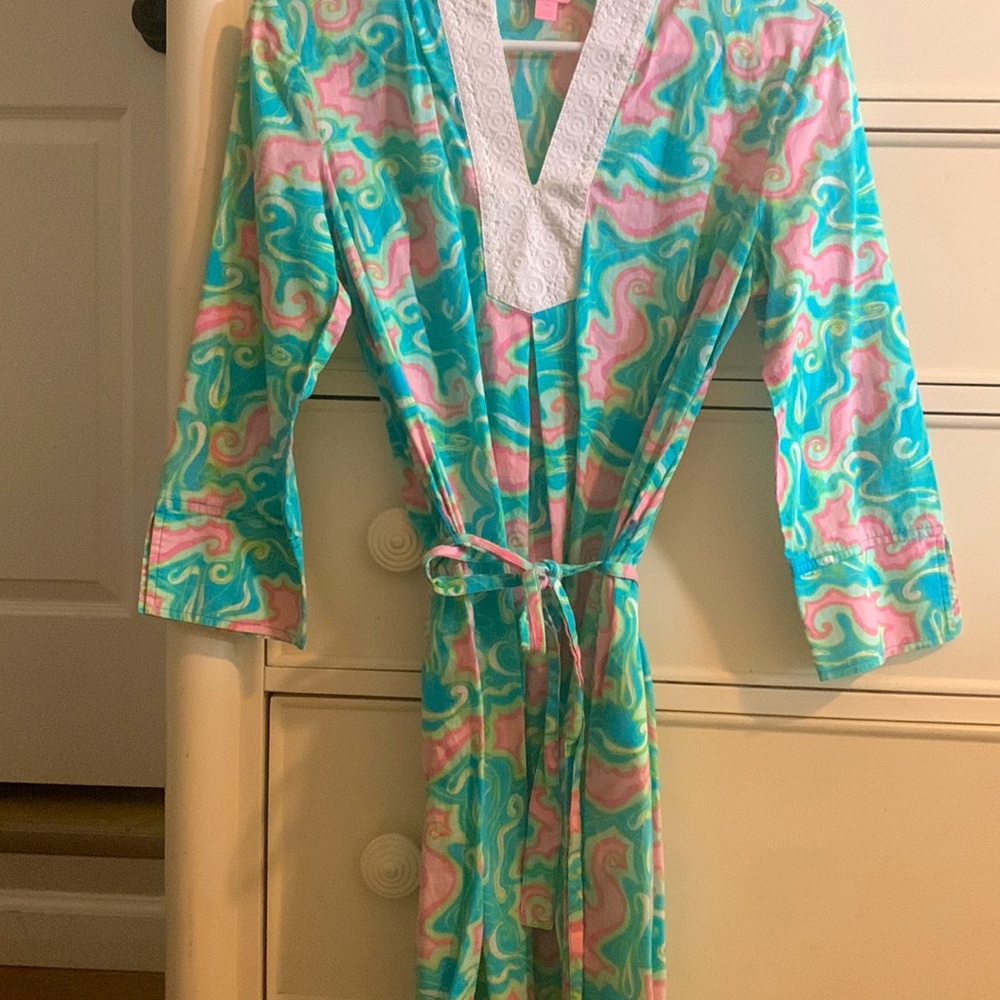 Lilly Pulitzer XS "Lock Me Up" turquoise & pink Seahorse V-neck Tunic Dress